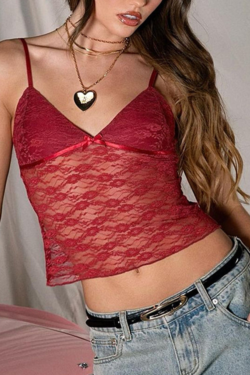 Sexy Solid Color Lace V Neck Tops