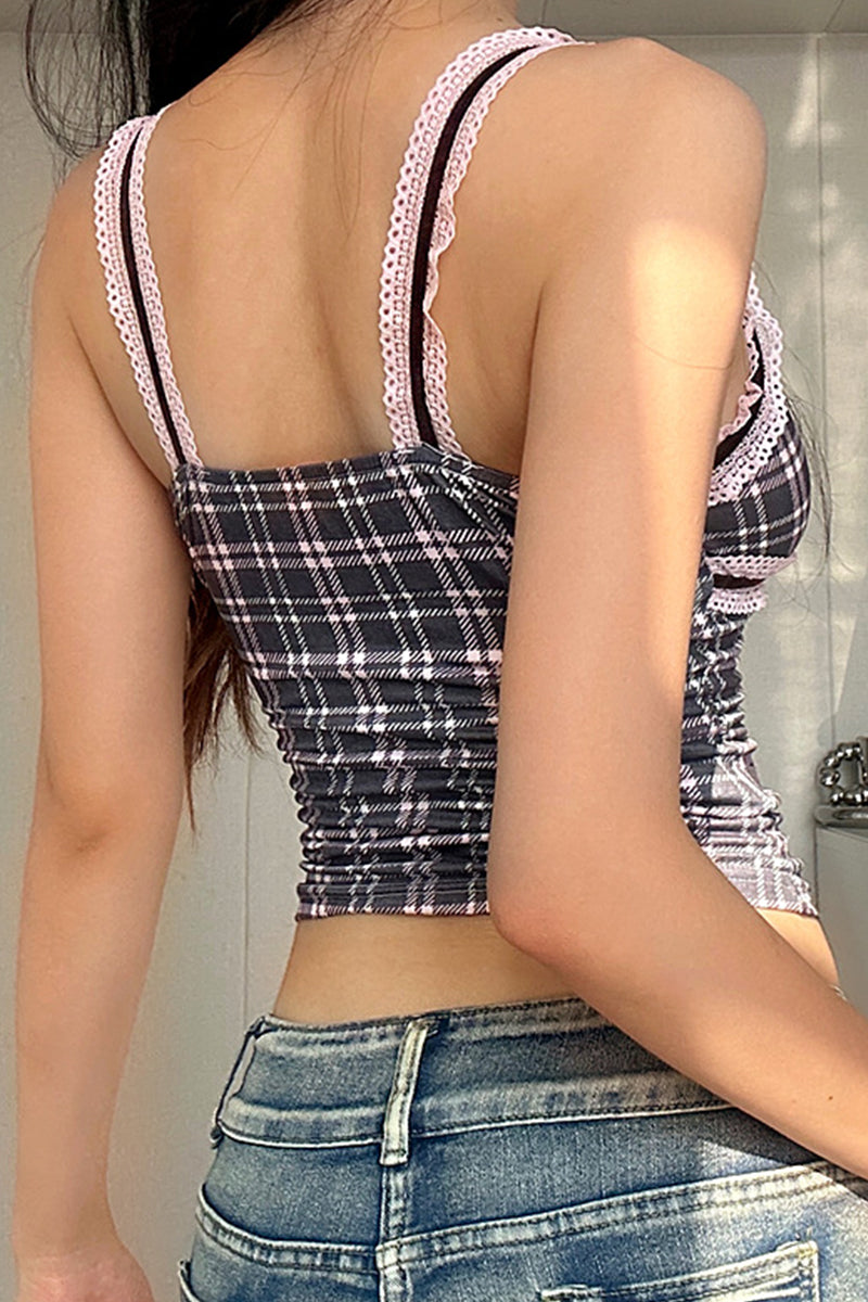 Sexy Plaid Lace Patchwork Contrast V Neck Tops