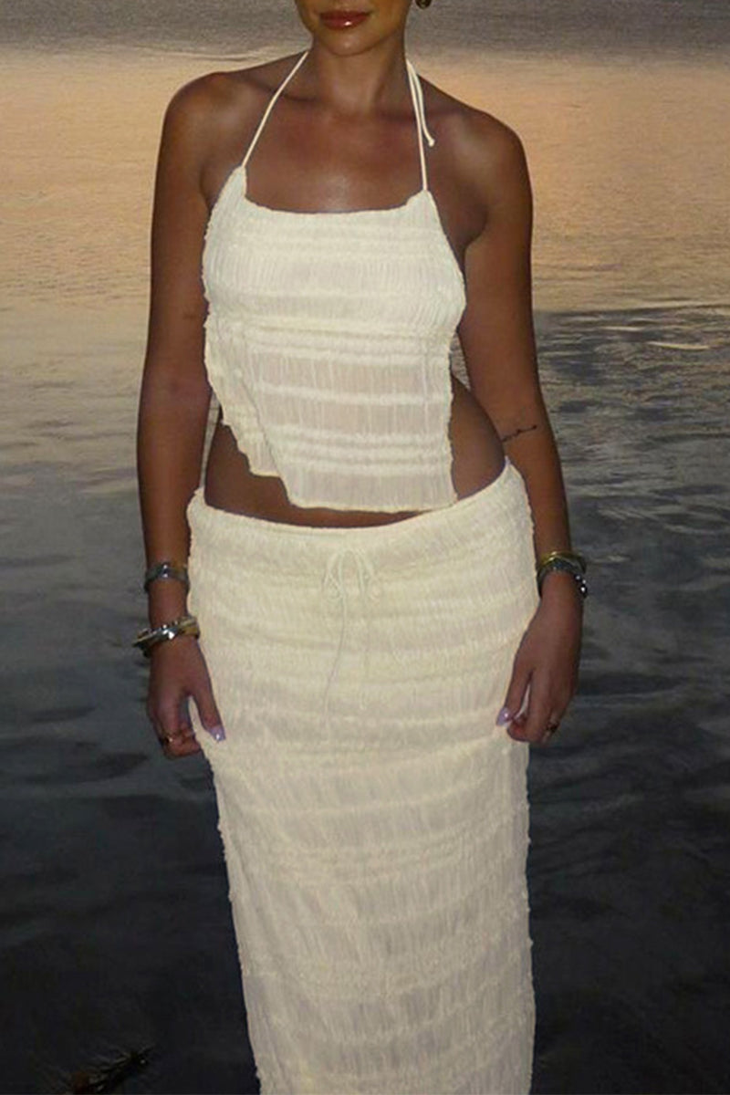 Sexy Solid Color Lace Up Backless Halter Sleeveless Two Pieces