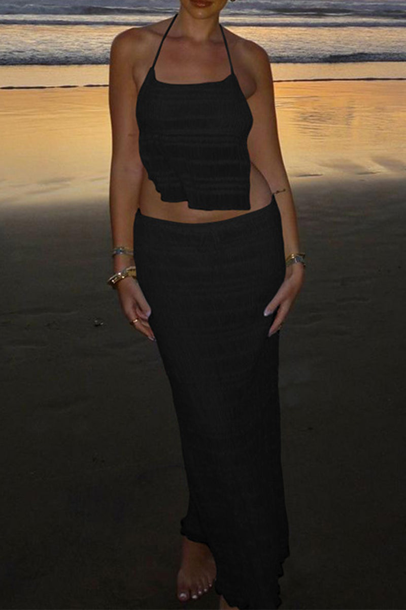 Sexy Solid Color Lace Up Backless Halter Sleeveless Two Pieces