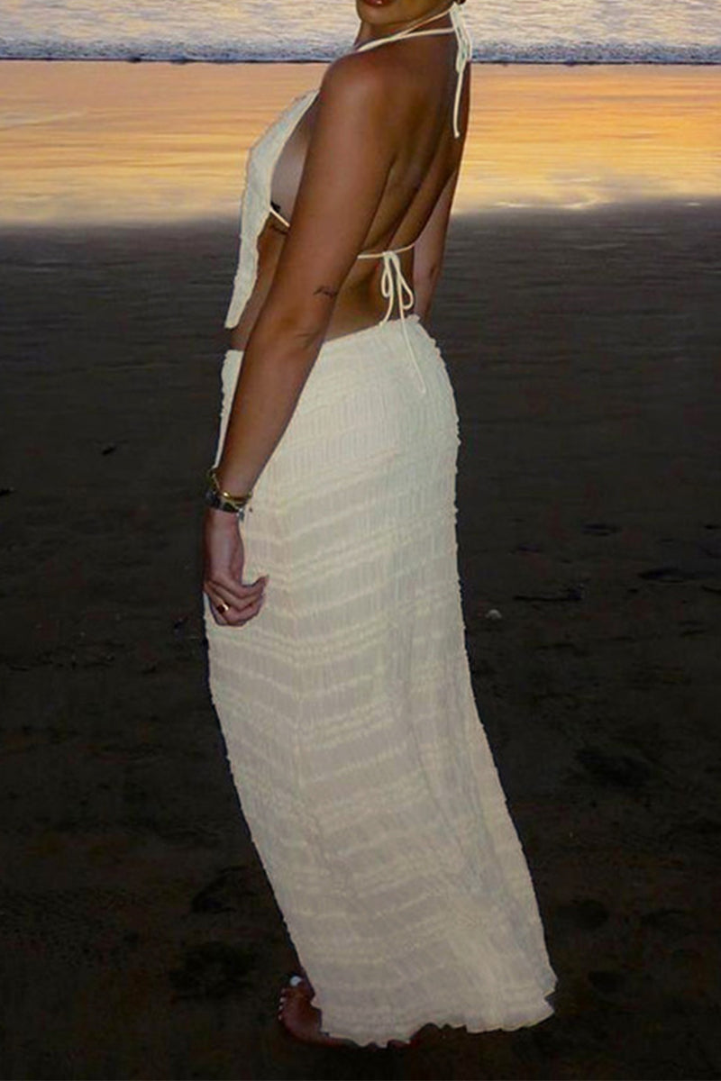 Sexy Solid Color Lace Up Backless Halter Sleeveless Two Pieces