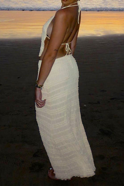 Sexy Solid Color Lace Up Backless Halter Sleeveless Two Pieces