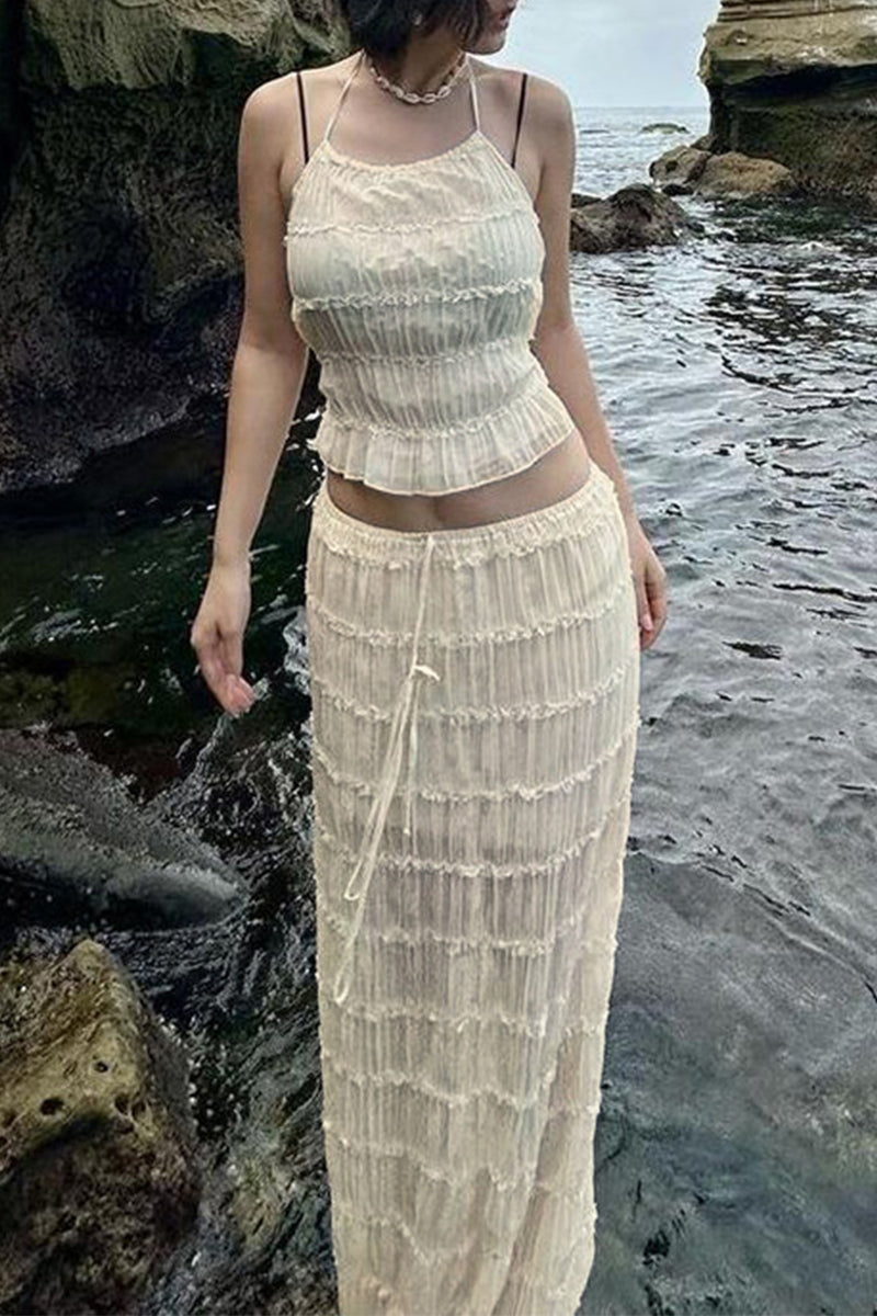 Sexy Solid Color Lace Up Backless Halter Sleeveless Two Pieces