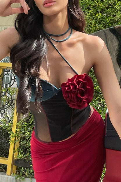 Sexy Flowers Patchwork Contrast Halter Tops