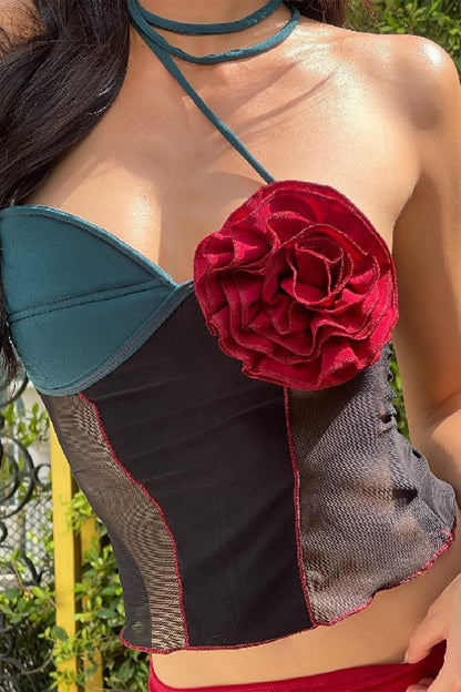 Sexy Flowers Patchwork Contrast Halter Tops