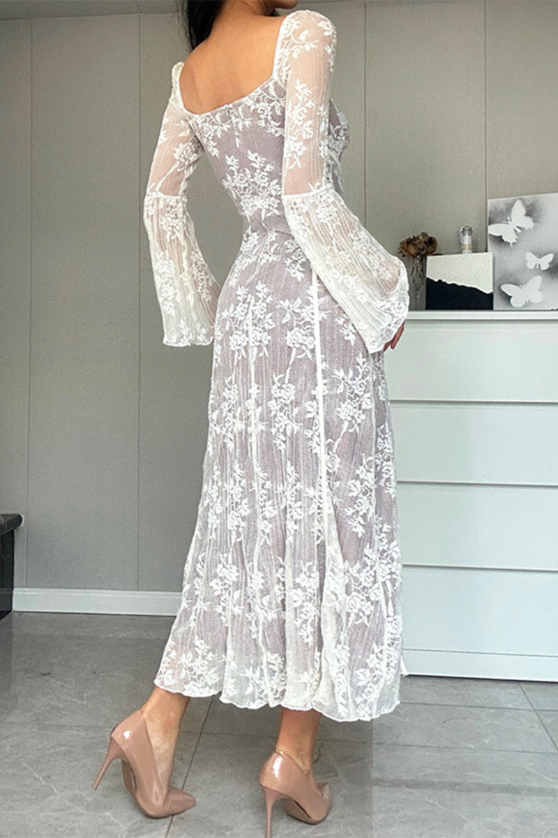 Elegant Solid Color Lace Lace Up Square Neck A Line Dresses