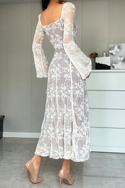 Elegant Solid Color Lace Lace Up Square Neck A Line Dresses