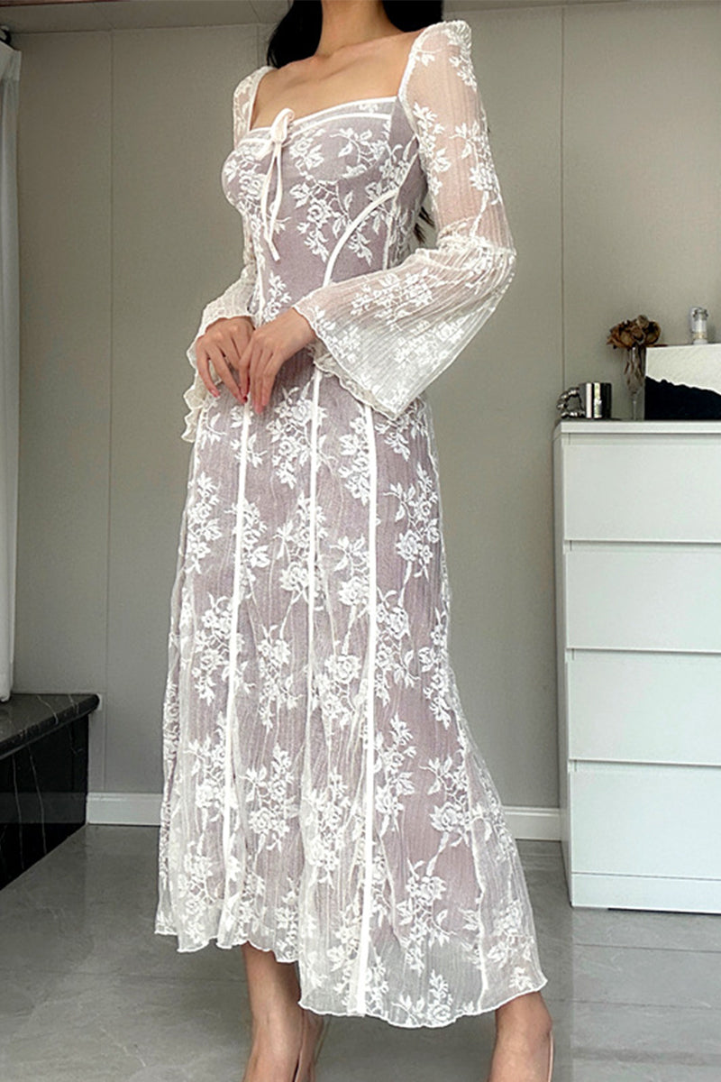 Elegant Solid Color Lace Lace Up Square Neck A Line Dresses