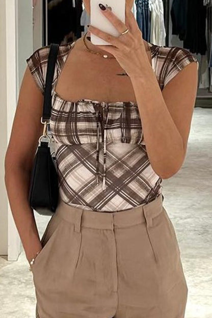Casual Plaid Patchwork Contrast Square Neck T-Shirts