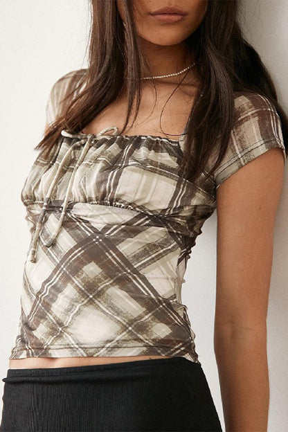 Casual Plaid Patchwork Contrast Square Neck T-Shirts