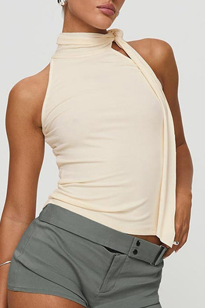 Casual Solid Color Lace Up Turtleneck Tops