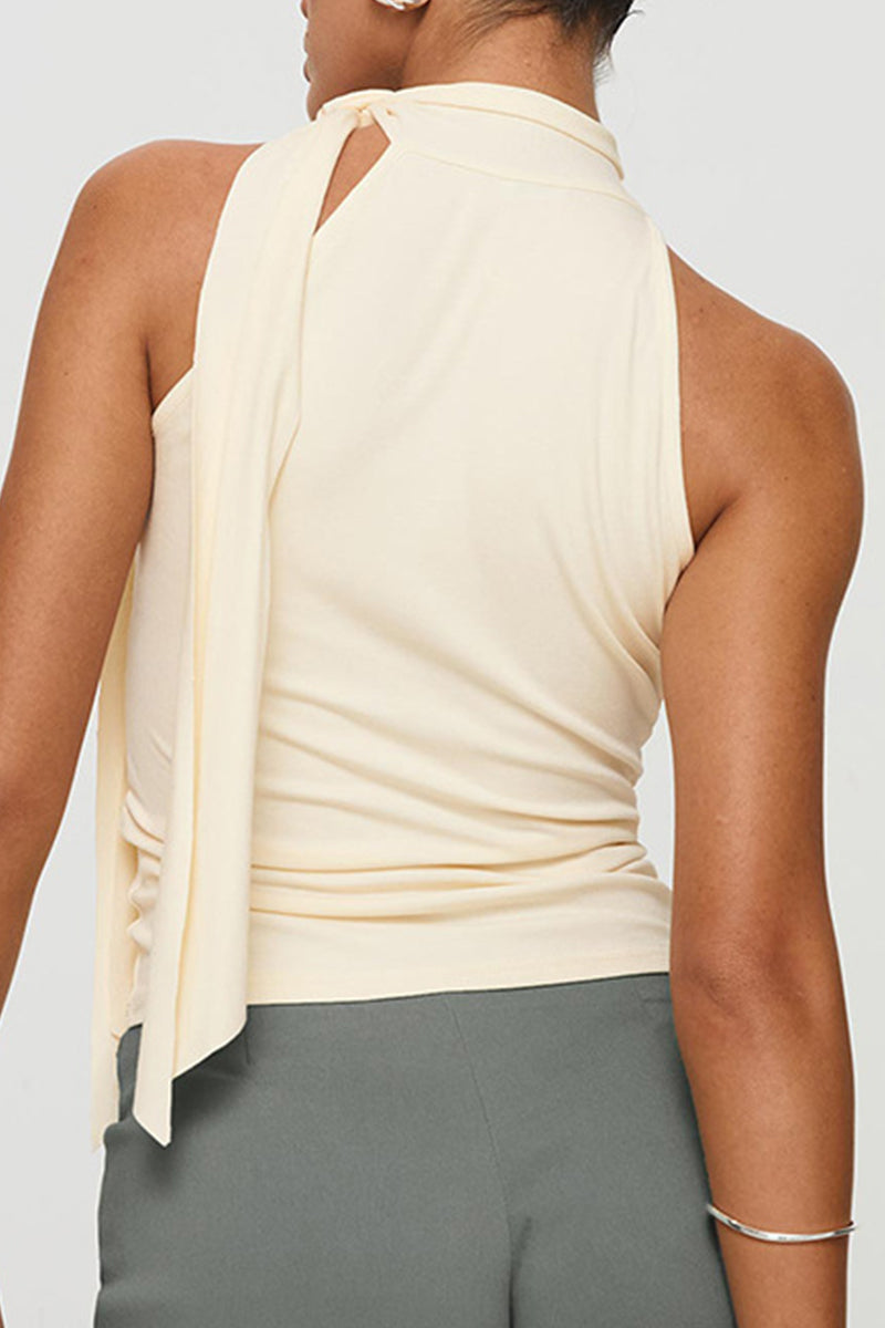 Casual Solid Color Lace Up Turtleneck Tops