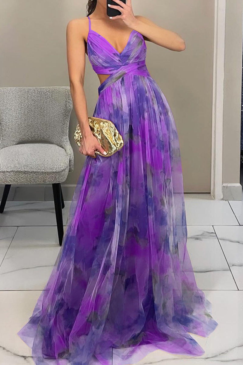 Sexy rückenfreies, langes Kleid mit Farbverlauf-Print und V-Ausschnitt in Kontrastfarbe 