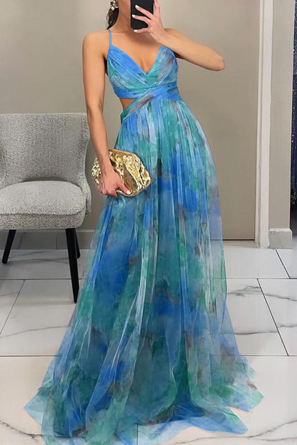 Sexy rückenfreies, langes Kleid mit Farbverlauf-Print und V-Ausschnitt in Kontrastfarbe 