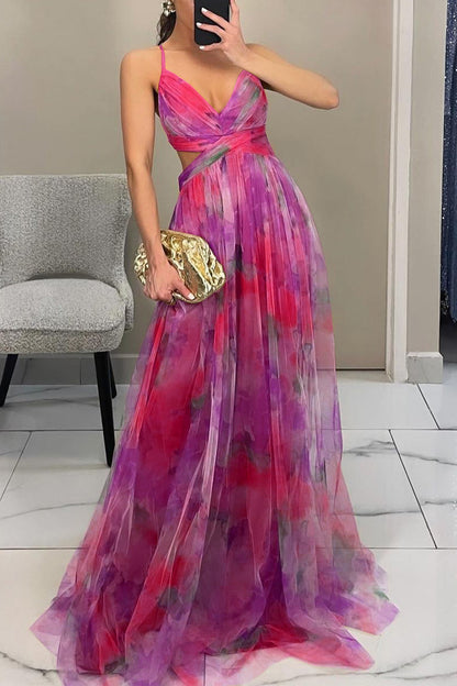 Sexy rückenfreies, langes Kleid mit Farbverlauf-Print und V-Ausschnitt in Kontrastfarbe 