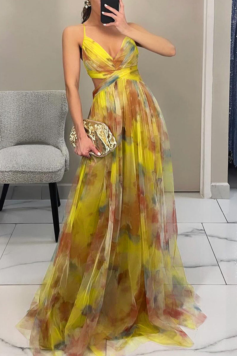 Sexy rückenfreies, langes Kleid mit Farbverlauf-Print und V-Ausschnitt in Kontrastfarbe 