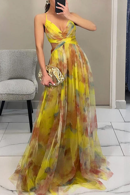 Sexy rückenfreies, langes Kleid mit Farbverlauf-Print und V-Ausschnitt in Kontrastfarbe 