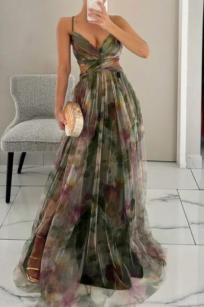 Sexy rückenfreies, langes Kleid mit Farbverlauf-Print und V-Ausschnitt in Kontrastfarbe 