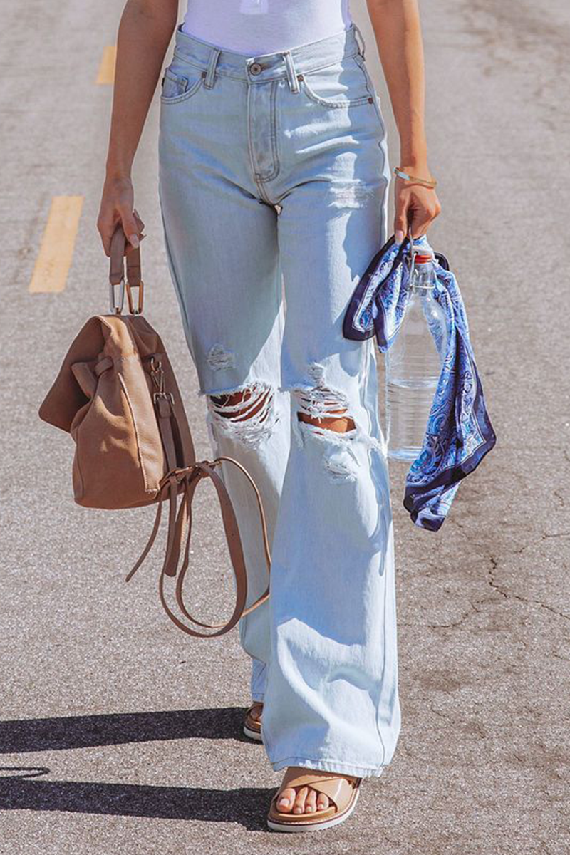 Street Solid Ripped Make Old Gerade Hose mit mittlerer Taille und weitem Bein in einfarbiger Ausführung 