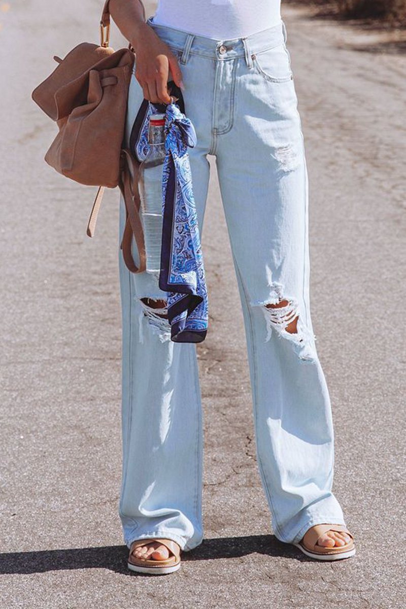 Street Solid Ripped Make Old Gerade Hose mit mittlerer Taille und weitem Bein in einfarbiger Ausführung 