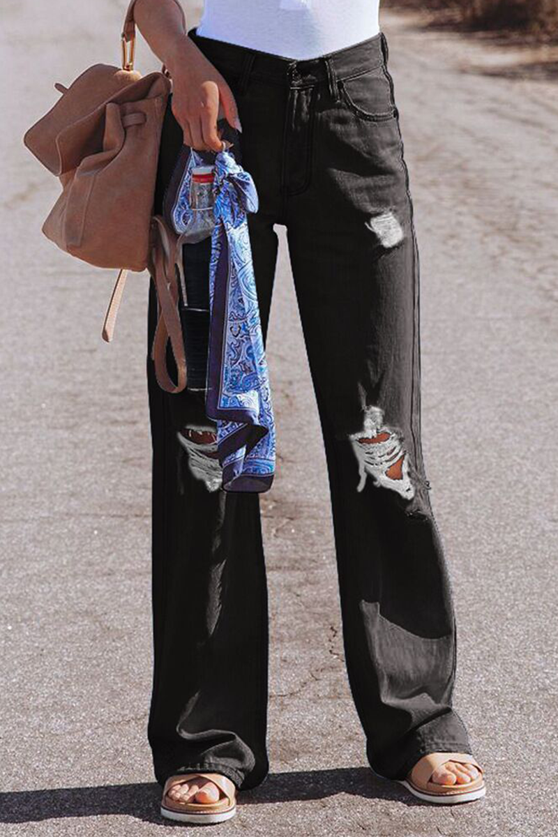 Street Solid Ripped Make Old Gerade Hose mit mittlerer Taille und weitem Bein in einfarbiger Ausführung 