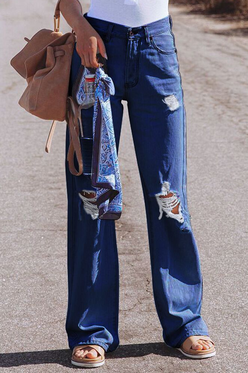 Street Solid Ripped Make Old Gerade Hose mit mittlerer Taille und weitem Bein in einfarbiger Ausführung 