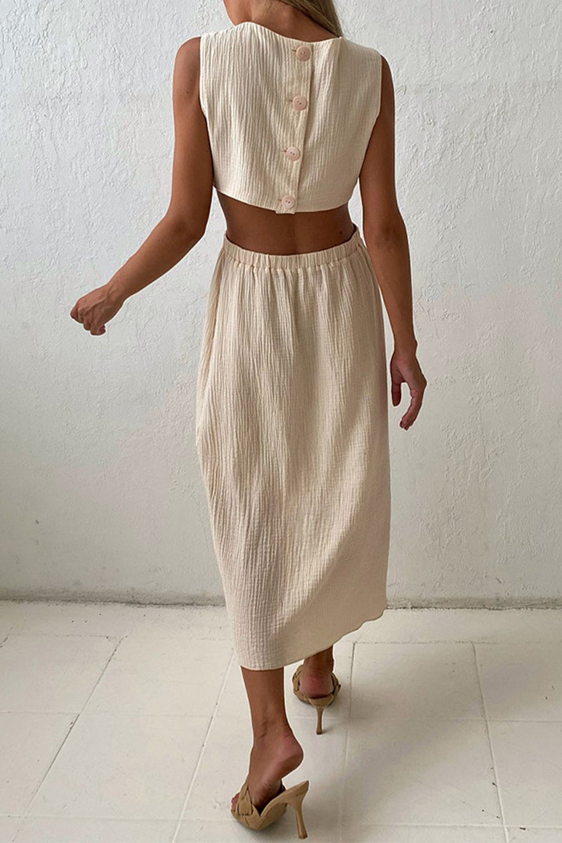 Robes sans manches à col rond et boucle unie, simplicité décontractée (3 couleurs) 