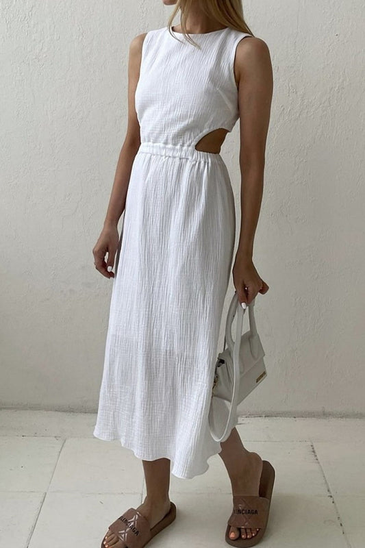 Robes sans manches à col rond et boucle unie, simplicité décontractée (3 couleurs) 