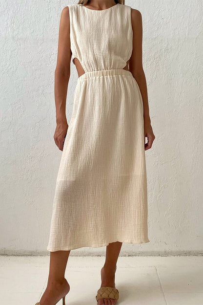 Robes sans manches à col rond et boucle unie, simplicité décontractée (3 couleurs) 