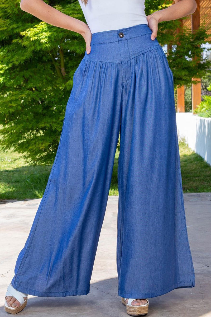 Einfarbige, lockere Patchwork-Hose mit hoher Taille und weitem Bein 