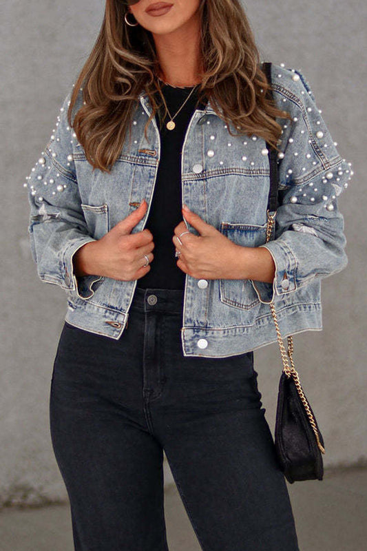 Veste en jean décontractée à manches longues et col rabattu avec perles solides 