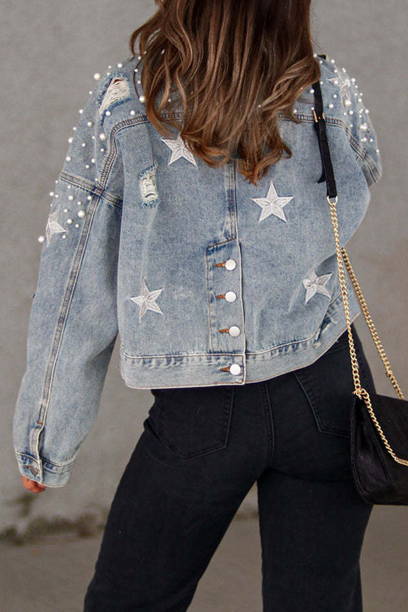 Veste en jean décontractée à manches longues et col rabattu avec perles solides 