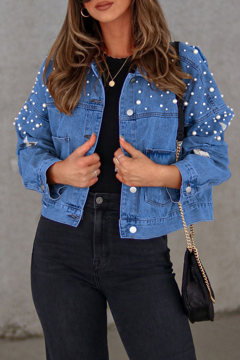 Veste en jean décontractée à manches longues et col rabattu avec perles solides 