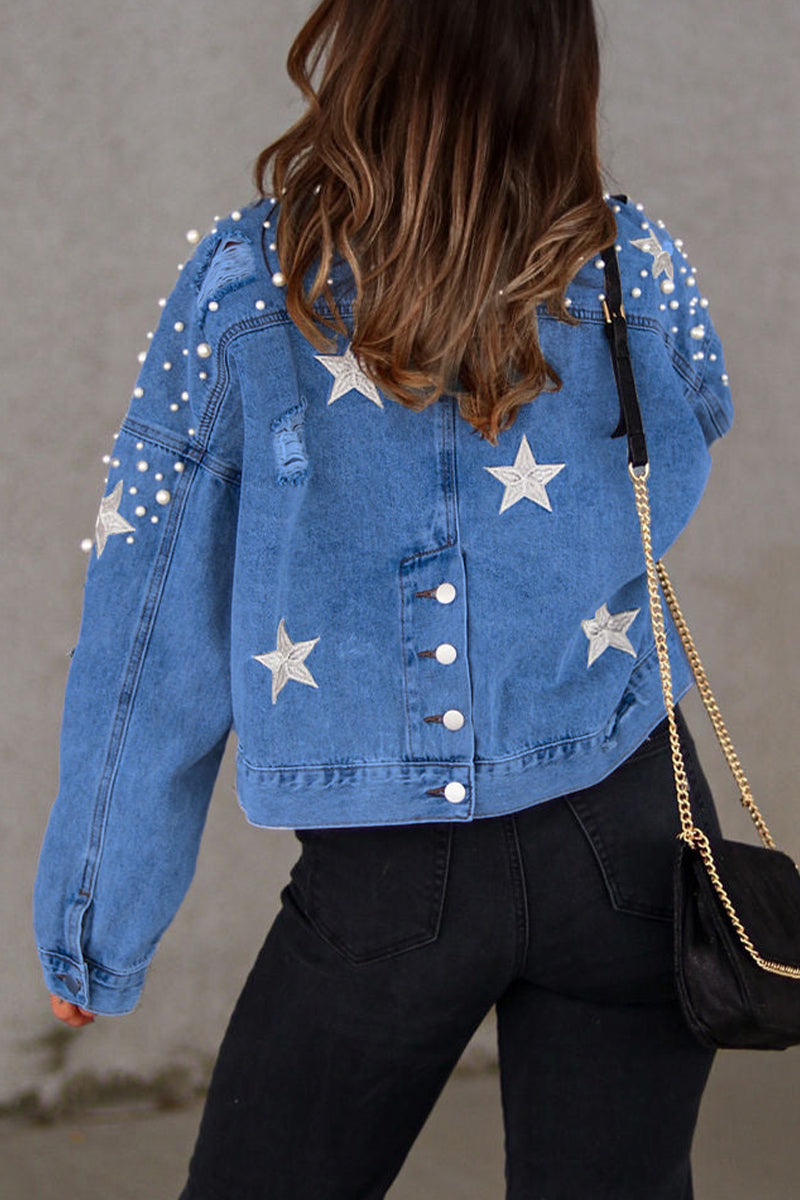 Veste en jean décontractée à manches longues et col rabattu avec perles solides 